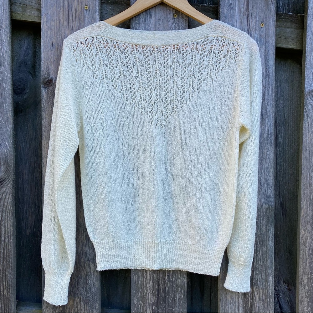 Vintage Cream color Pointelle Crochet Pearl studded Sabrina neck knit Sw…